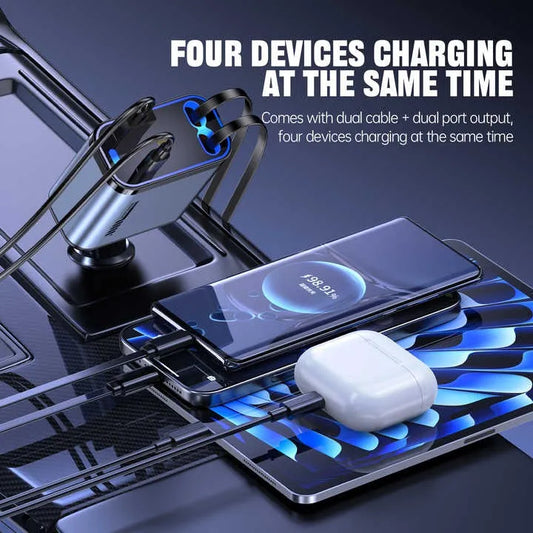 شاحن سيارة 4 في 1 سريع بأسلاك قابلة للسحب